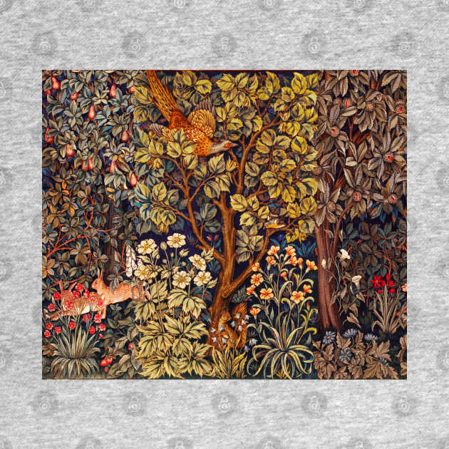 GREENERY,FOREST ANIMALS Pheasant on Autumn Tree,Squirrel,Hares,Red Yellow Floral Tapestry by BulganLumini